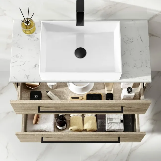 Elba Dawn Oak Wall Hung Drawer Vanity with Marble Top & Cody Basin 800mm - Black Accents