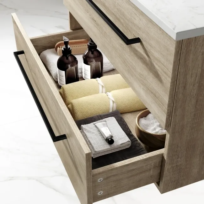 Elba Dawn Oak Wall Hung Drawer Vanity with Marble Top & Cody Basin 800mm - Black Accents