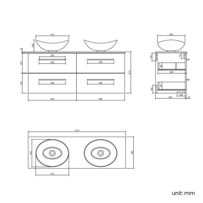 Elba Dawn Oak Double Wall Hung Drawer Vanity with Marble Top & Oval Basin 1200mm - Black Accents