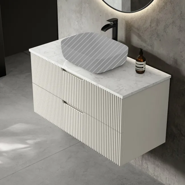 Crete Fluted Linen White Wall Hung Drawer Vanity with Marble Top 1000mm - Excludes Counter Top Basin