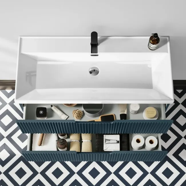 Crete Fluted Navy Blue Wall Hung Basin Drawer Vanity 1000mm
