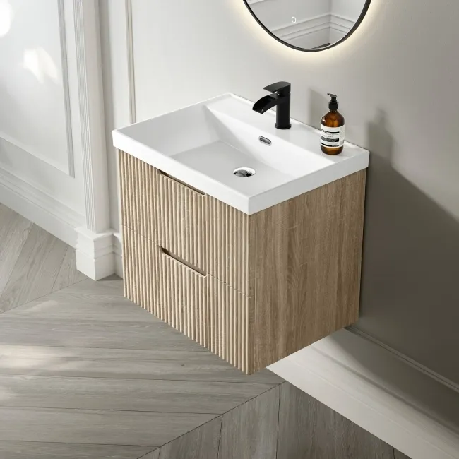Crete Fluted Apex Oak Wall Hung Basin Drawer Vanity 600mm