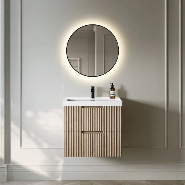 Crete Fluted Apex Oak Wall Hung Basin Drawer Vanity 600mm