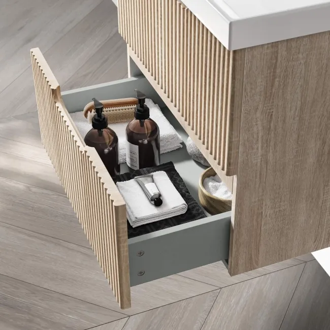 Crete Fluted Apex Oak Wall Hung Basin Drawer Vanity 600mm