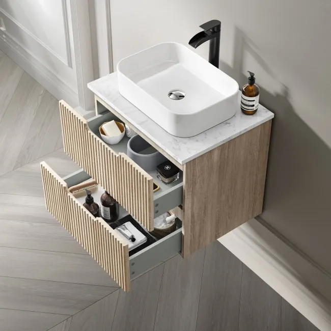 Crete Fluted Apex Oak Wall Hung Drawer Vanity with Marble Top & Marin Basin 600mm