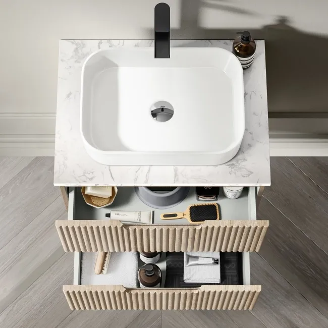 Crete Fluted Apex Oak Wall Hung Drawer Vanity with Marble Top & Marin Basin 600mm