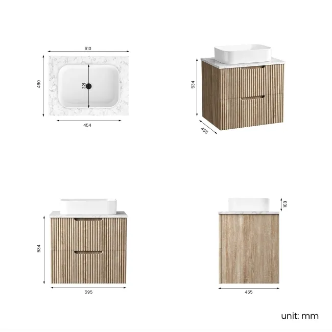 Crete Fluted Apex Oak Wall Hung Drawer Vanity with Marble Top & Marin Basin 600mm