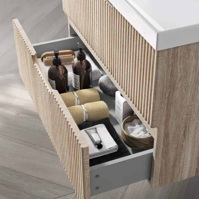 Crete Fluted Apex Oak Wall Hung Basin Drawer Vanity 800mm