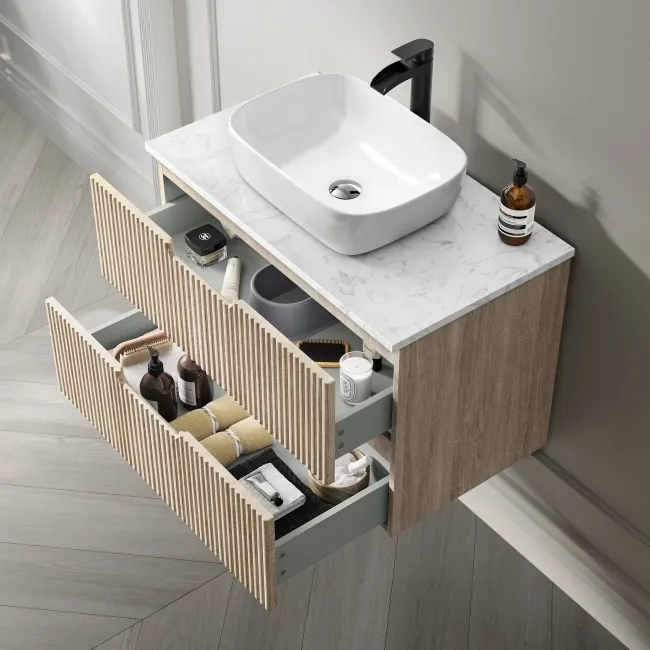 Crete Fluted Apex Oak Wall Hung Drawer Vanity with Marble Top & Curved Basin 800mm
