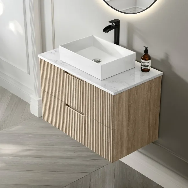 Crete Fluted Apex Oak Wall Hung Drawer Vanity with Marble Top & Cody Basin 800mm