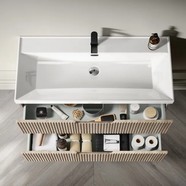 Crete Fluted Apex Oak Wall Hung Basin Drawer Vanity 1000mm