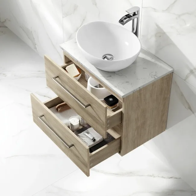 Elba Dawn Oak Wall Hung Drawer Vanity with Marble Top & Oval Counter Top Basin 600mm
