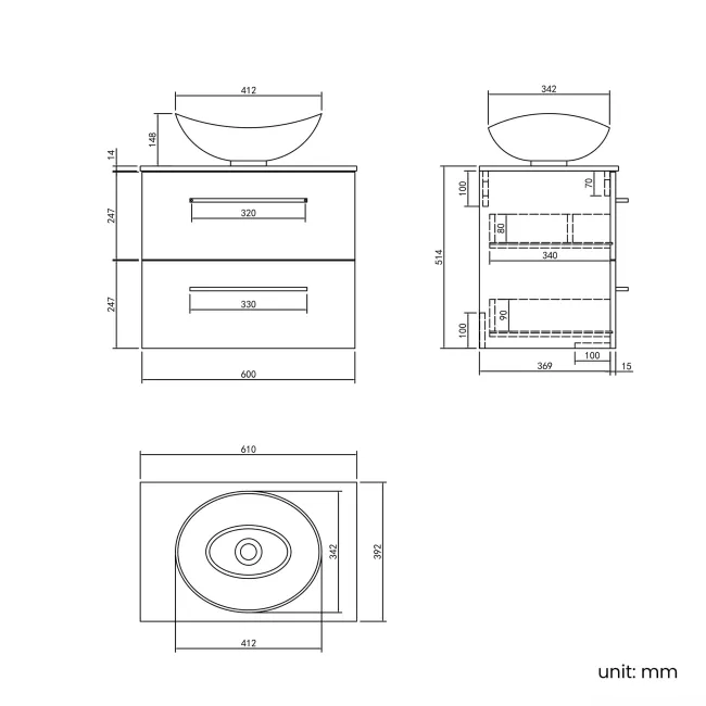 Elba Dawn Oak Wall Hung Drawer Vanity with Marble Top & Oval Counter Top Basin 600mm