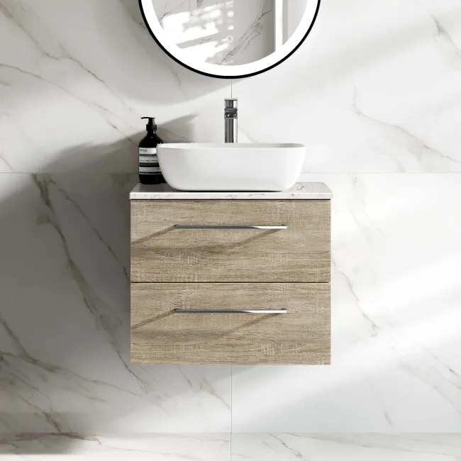 Elba Dawn Oak Wall Hung Drawer Vanity with Marble Top & Curved Counter Top Basin 600mm