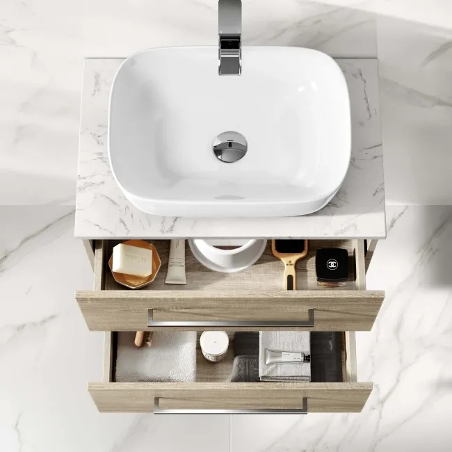 Elba Dawn Oak Wall Hung Drawer Vanity with Marble Top & Curved Counter Top Basin 600mm