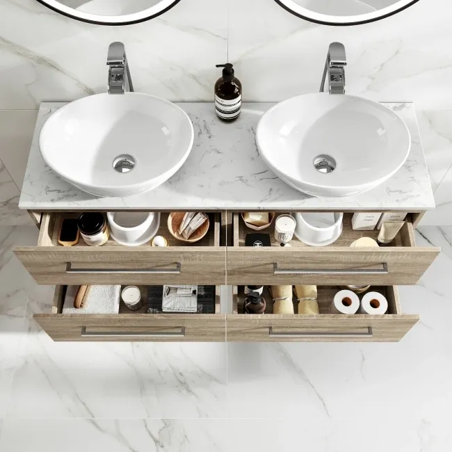 Elba Dawn Oak Double Wall Hung Drawer Vanity with Marble Top & Oval Basin 1200mm