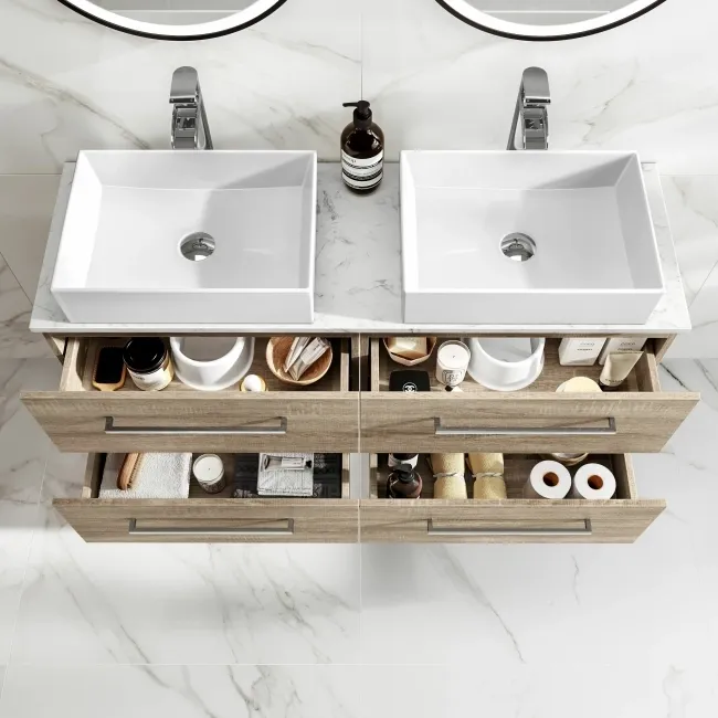 Elba Dawn Oak Double Wall Hung Drawer Vanity with Marble Top & Cody Basin 1200mm