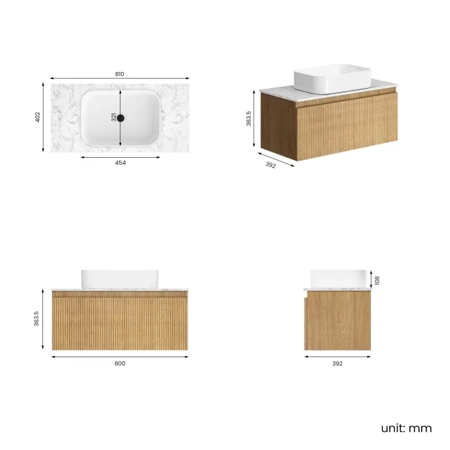 Malta Fluted Country Oak Wall Hung Drawer Vanity with Marble Top & Marin Basin 800mm