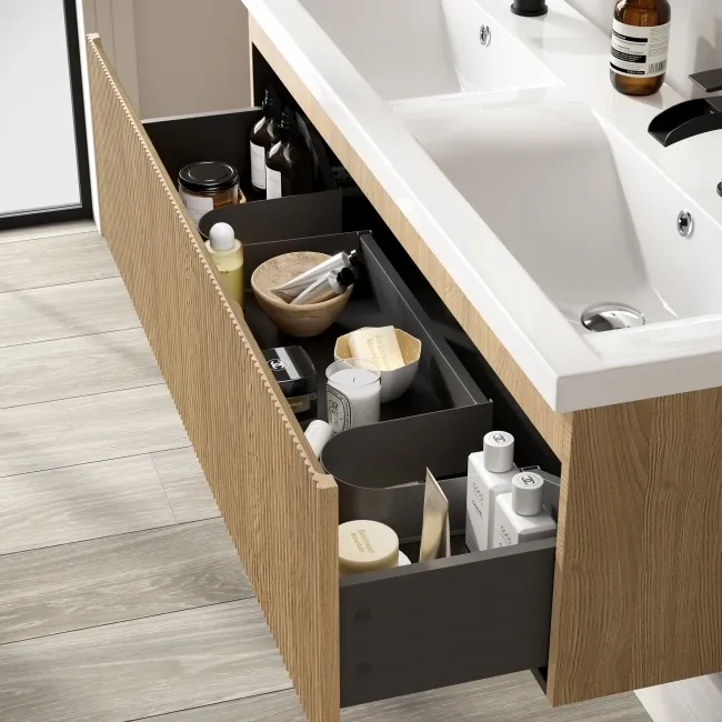 Malta Fluted Country Oak Wall Hung Double Basin Drawer Vanity 1200mm
