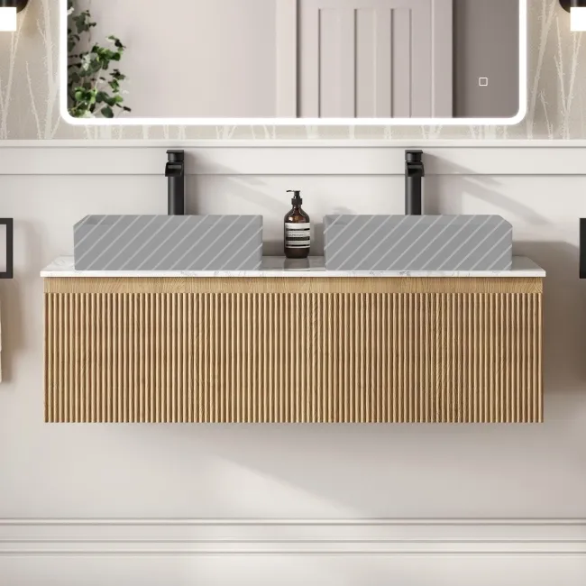 Malta Fluted Country Oak Double Wall Hung Drawer Vanity Marble Top 1200mm - No Basin
