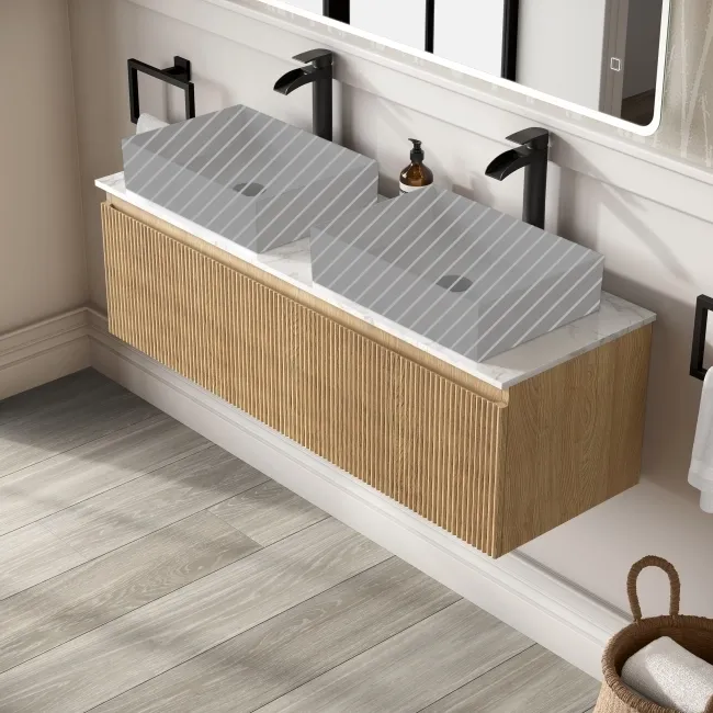 Malta Fluted Country Oak Double Wall Hung Drawer Vanity Marble Top 1200mm - No Basin