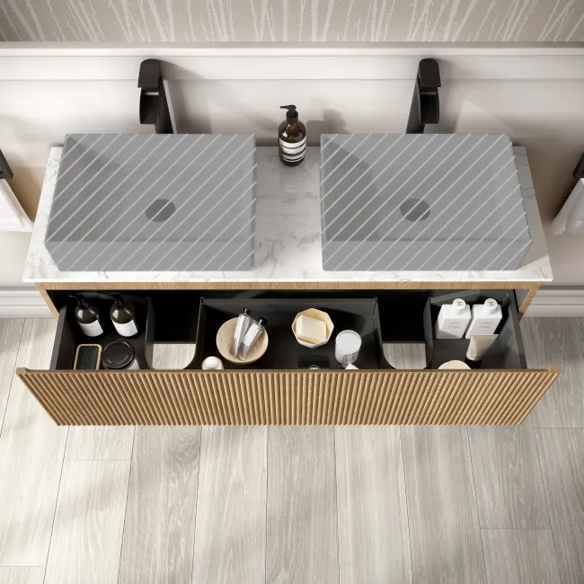 Malta Fluted Country Oak Double Wall Hung Drawer Vanity Marble Top 1200mm - No Basin