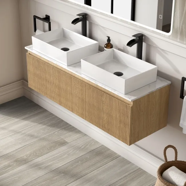 Malta Fluted Country Oak Double Wall Hung Drawer Vanity with Marble Top & Cody Basin 1200mm