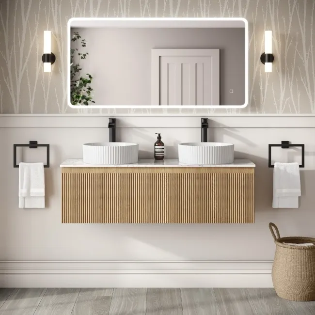 Malta Fluted Country Oak Double Wall Hung Drawer Vanity with Marble Top & Nevis Basin 1200mm