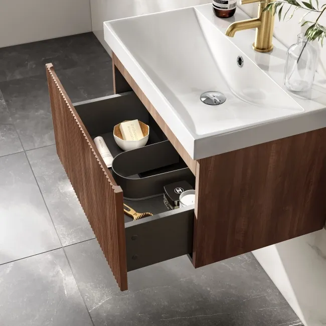 Malta Fluted Black Walnut Wall Hung Basin Drawer Vanity 600mm