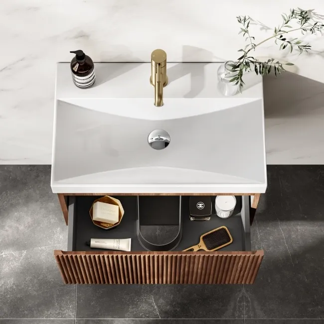 Malta Fluted Black Walnut Wall Hung Basin Drawer Vanity 600mm
