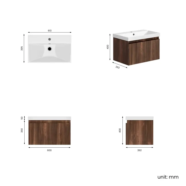 Malta Fluted Black Walnut Wall Hung Basin Drawer Vanity 600mm