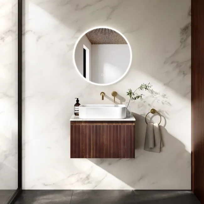 Malta Fluted Black Walnut Wall Hung Drawer Vanity with Marble Top & Marin Basin 600mm