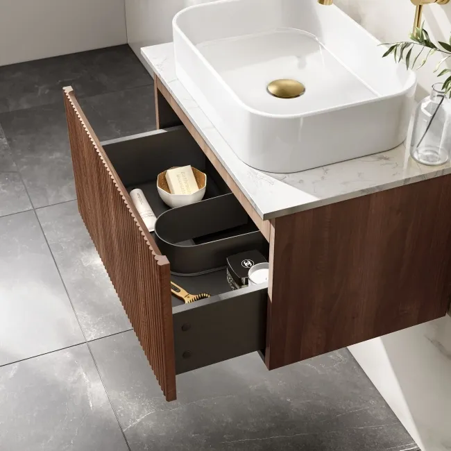 Malta Fluted Black Walnut Wall Hung Drawer Vanity with Marble Top & Marin Basin 600mm