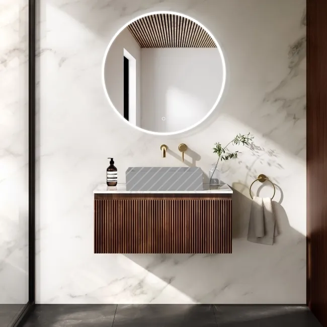 Malta Fluted Black Walnut Wall Hung Drawer Vanity with Marble Top 800mm - Excludes Counter Top Basin
