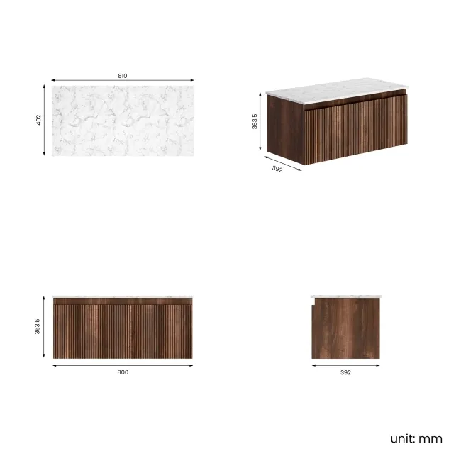 Malta Fluted Black Walnut Wall Hung Drawer Vanity with Marble Top 800mm - Excludes Counter Top Basin