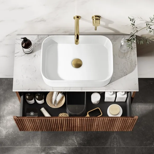 Malta Fluted Black Walnut Wall Hung Drawer Vanity with Marble Top & Marin Basin 800mm