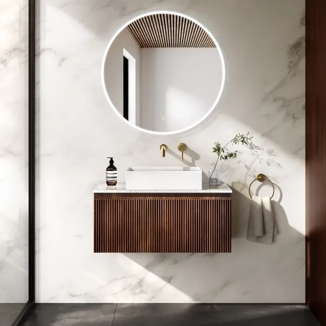 Malta Fluted Black Walnut Wall Hung Drawer Vanity with Marble Top & Cody Basin 800mm