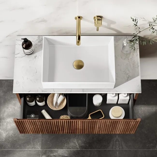 Malta Fluted Black Walnut Wall Hung Drawer Vanity with Marble Top & Cody Basin 800mm