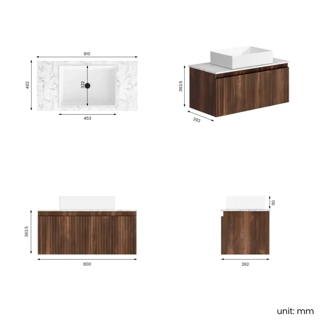 Malta Fluted Black Walnut Wall Hung Drawer Vanity with Marble Top & Cody Basin 800mm