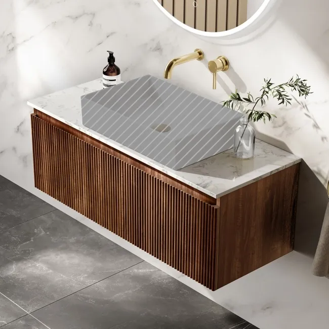 Malta Fluted Black Walnut Wall Hung Drawer Vanity Marble Top 1000mm - Excludes Counter Top Basin