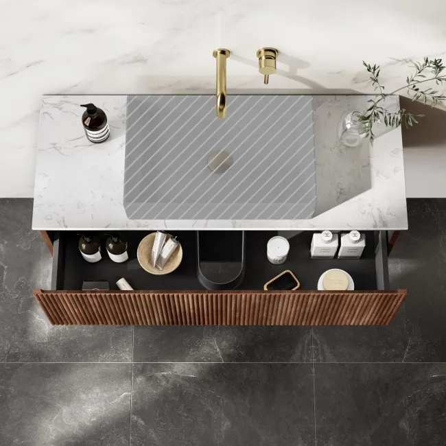 Malta Fluted Black Walnut Wall Hung Drawer Vanity Marble Top 1000mm - Excludes Counter Top Basin