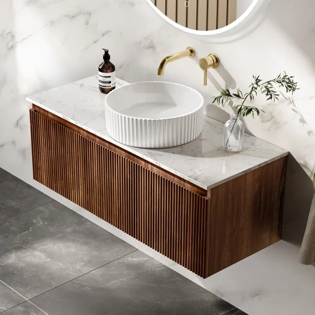 Malta Fluted Black Walnut Wall Hung Drawer Vanity with Marble Top & Nevis Basin 1000mm