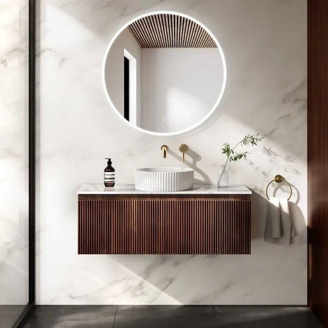 Malta Fluted Black Walnut Wall Hung Drawer Vanity with Marble Top & Nevis Basin 1000mm