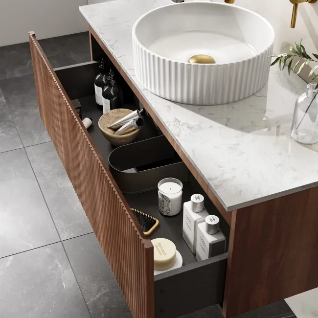 Malta Fluted Black Walnut Wall Hung Drawer Vanity with Marble Top & Nevis Basin 1000mm