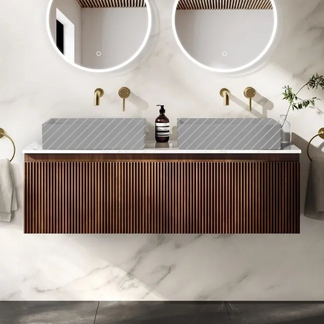 Malta Fluted Black Walnut Double Wall Hung Drawer Vanity Marble Top 1200mm - No Basin