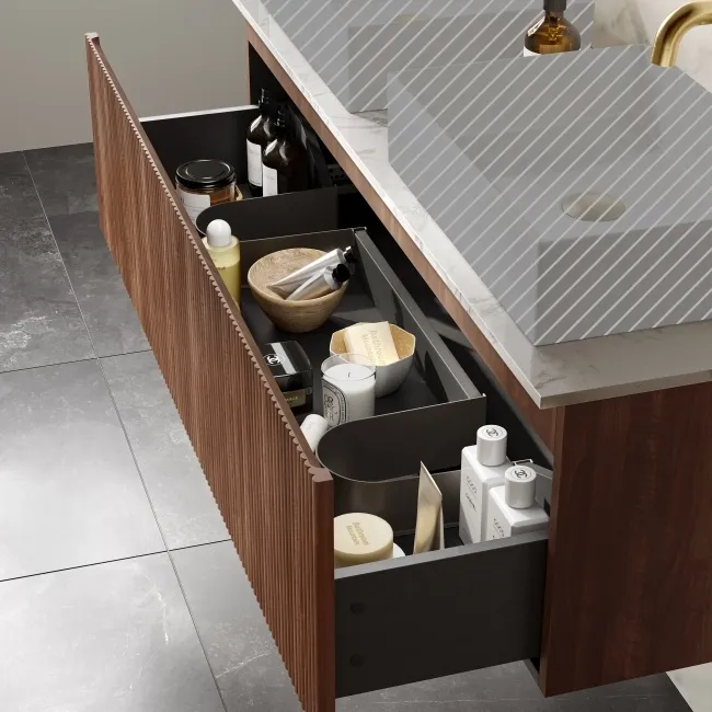 Malta Fluted Black Walnut Double Wall Hung Drawer Vanity Marble Top 1200mm - No Basin