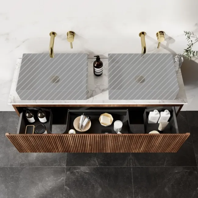 Malta Fluted Black Walnut Double Wall Hung Drawer Vanity Marble Top 1200mm - No Basin