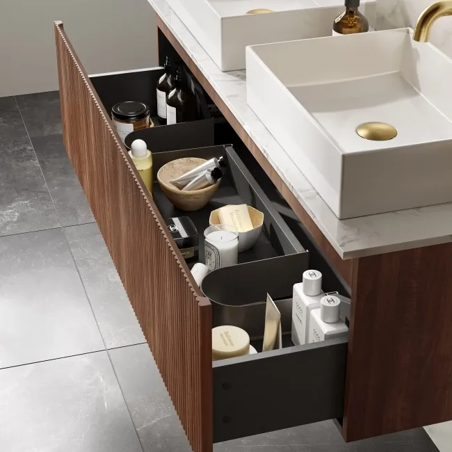 Malta Fluted Black Walnut Double Wall Hung Drawer Vanity with Marble Top & Cody Basin 1200mm