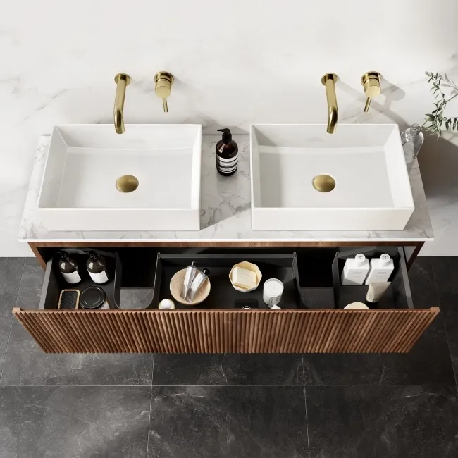 Malta Fluted Black Walnut Double Wall Hung Drawer Vanity with Marble Top & Cody Basin 1200mm