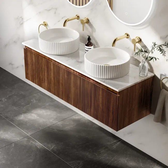 Malta Fluted Black Walnut Double Wall Hung Drawer Vanity with Marble Top & Nevis Basin 1200mm